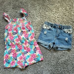 Kids Bundle Denim Shorts W/Lace & Romper Size 4T